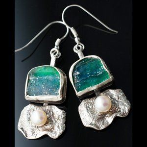 Green Roman Glass & White Freshwater Pearl Earrings